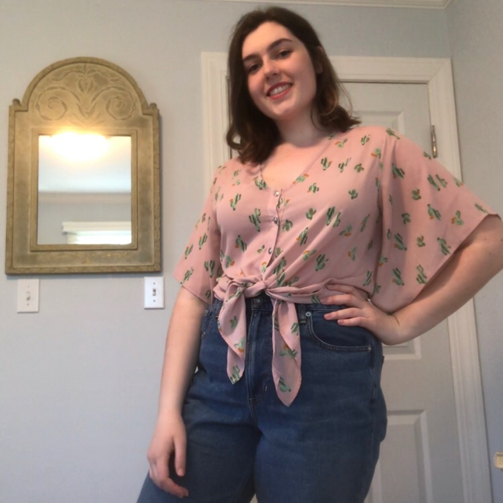 Sienna Sky Pink Cactus Tie Front Cropped Blouse